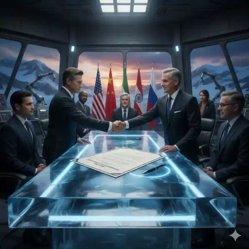 Para pemimpin negara adidaya berjabat tangan di atas meja es simbolis saat penandatanganan perjanjian di pangkalan penelitian kutub selatan.