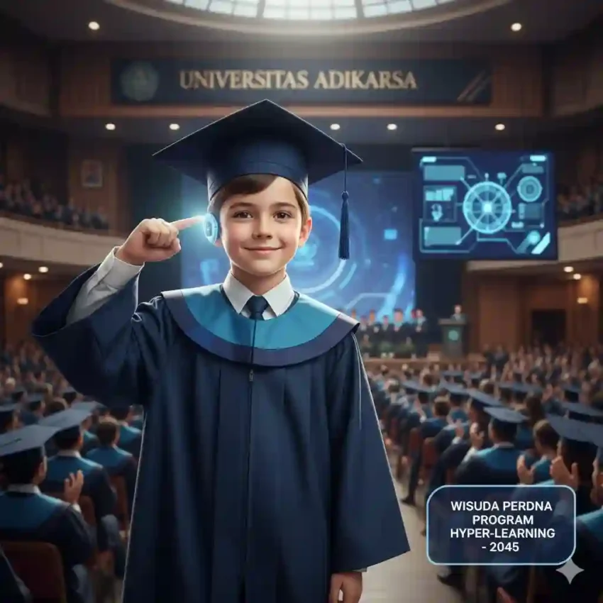 Seorang anak laki-laki berusia sepuluh tahun memakai toga sarjana sambil menunjuk perangkat kecil di belakang telinganya.